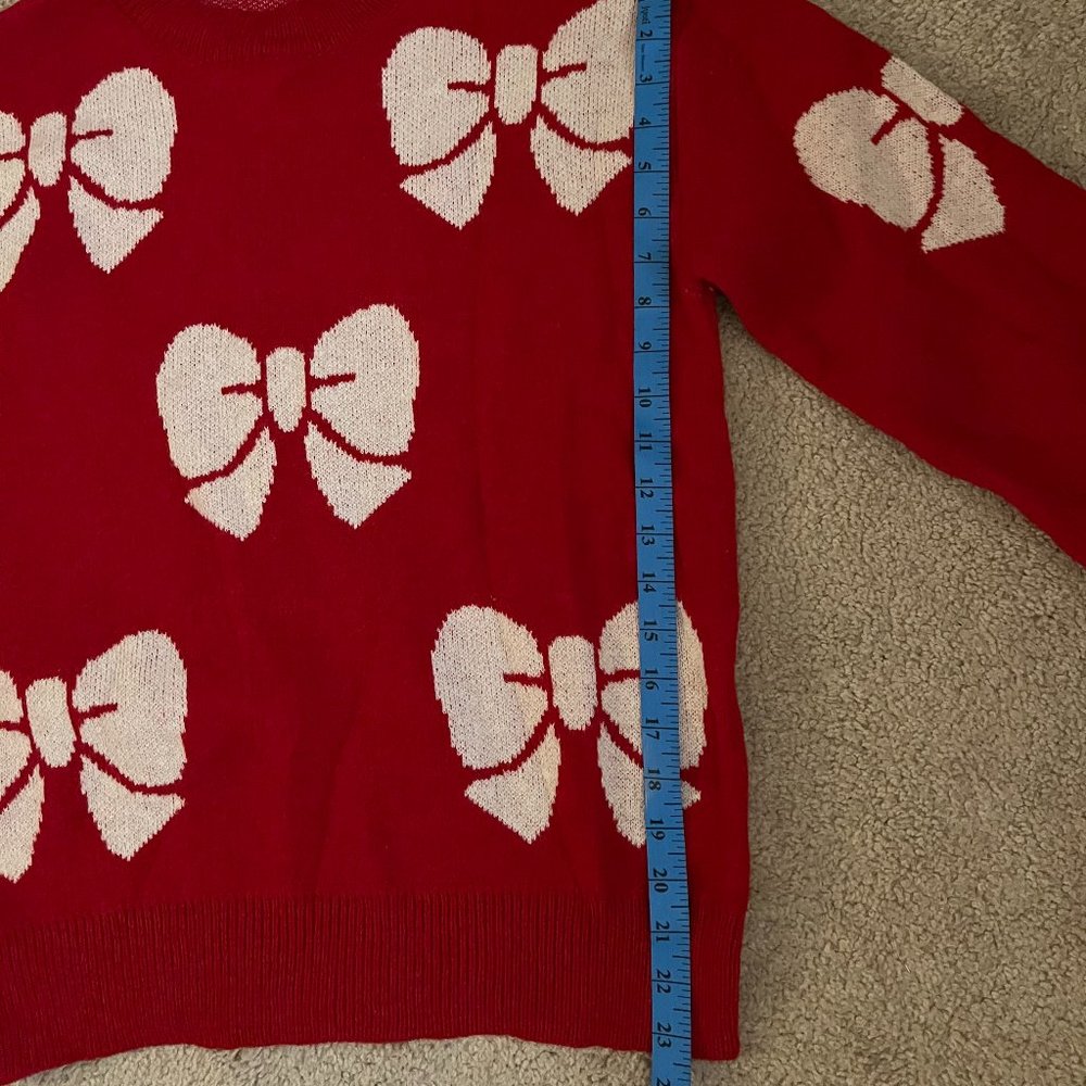 SHEIN | Warm Vibrant Red *Holiday Sweater* w/ White Bows | Slight Balloon Sleeve - Picture 5 of 11